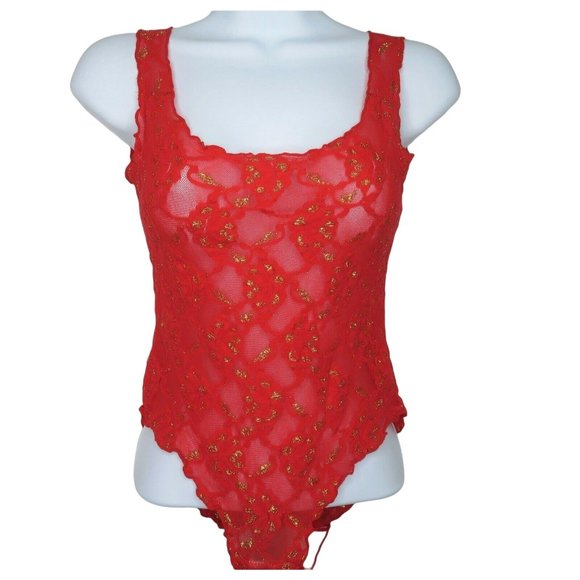 Vintage Sears Lingerie Teddy One Piece S Red Nylon Gold Metallic USA Deadstock